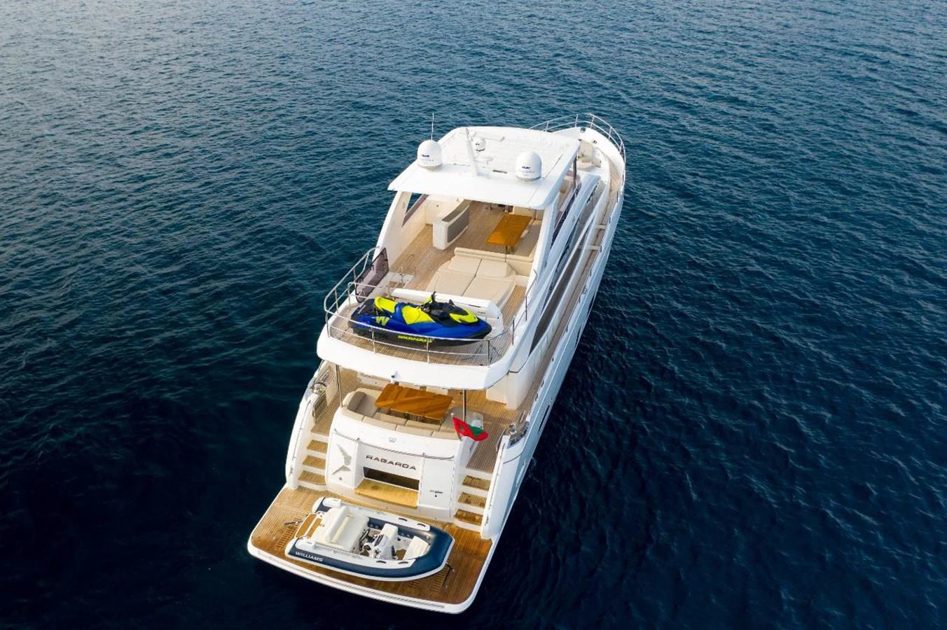 The yacht's aft deck features a tender and a jet ski, showcasing its readiness for adventure on the water. aboard RAGARDA Yacht for Sale
