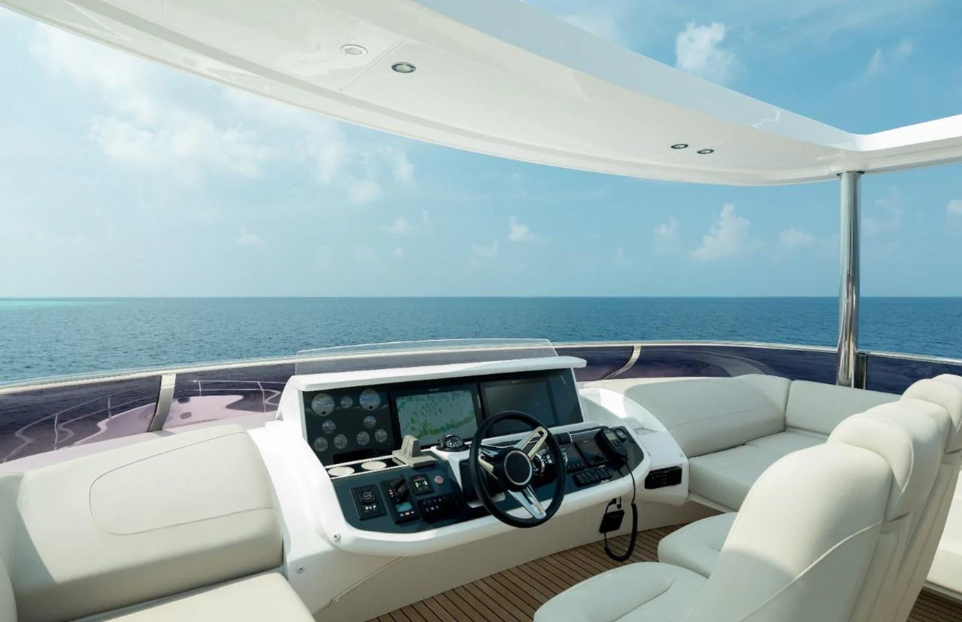 The helm station offers a panoramic view of the open sea, equipped with advanced navigation systems and plush seating. aboard RAGARDA Yacht for Sale