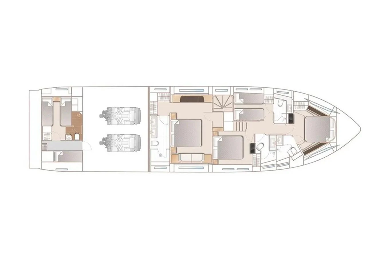 This image displays the detailed deck plan of a yacht, showcasing the layout and arrangement of various rooms and areas. aboard RAGARDA Yacht for Sale