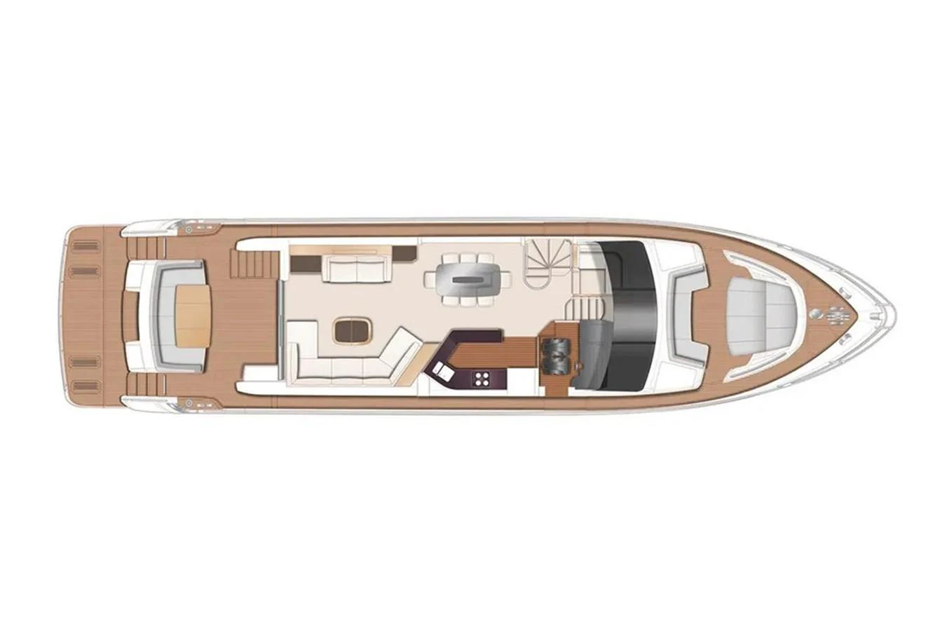 This image shows a detailed deck plan of a yacht, highlighting its layout and design. aboard RAGARDA Yacht for Sale