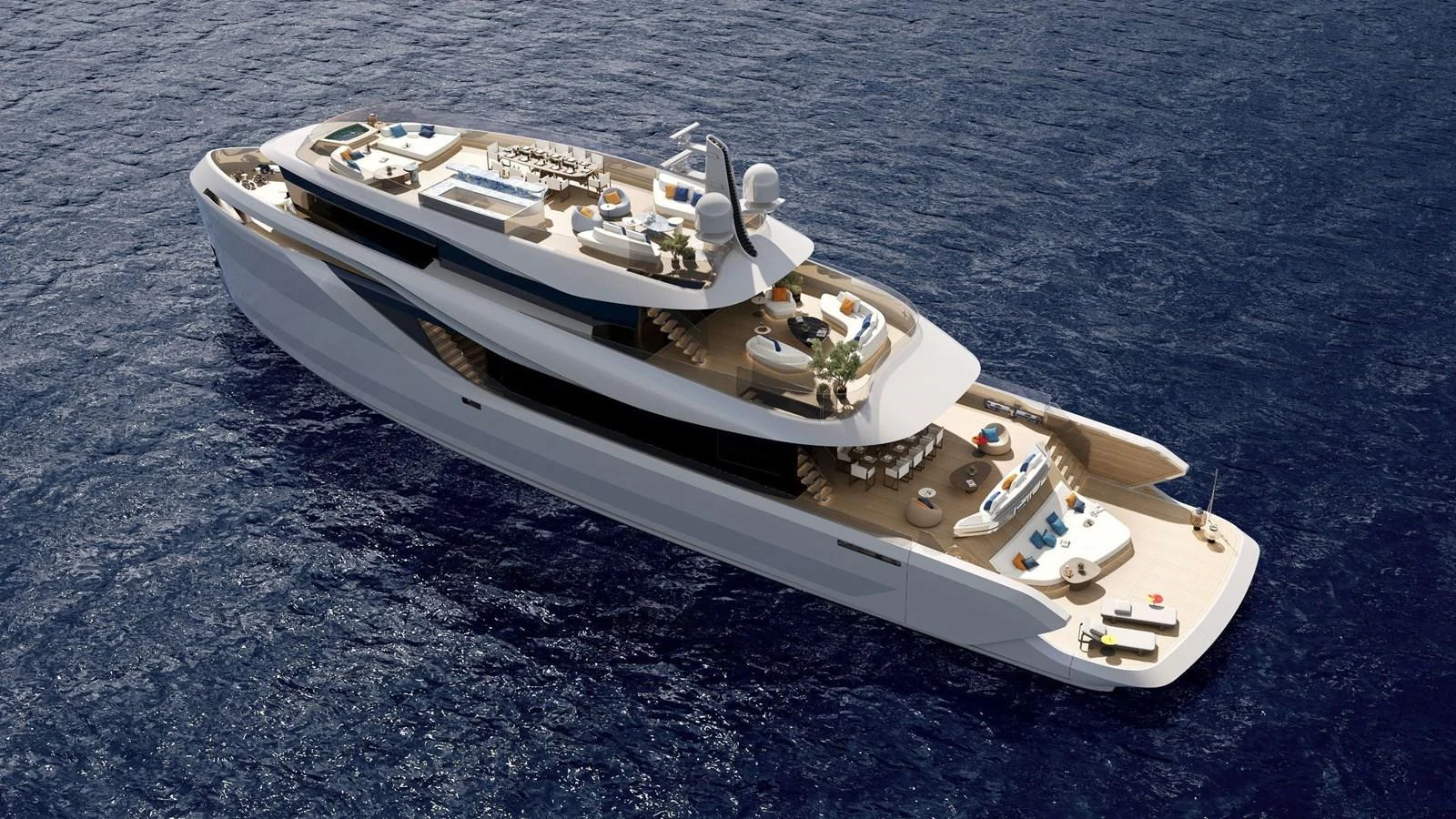 A luxurious yacht is seen cruising on the open sea, showcasing its sleek design and multiple decks. aboard HIU Yacht for Sale