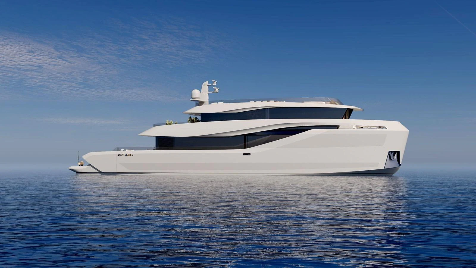 A sleek and modern yacht glides gracefully on calm waters under a clear blue sky. aboard HIU Yacht for Sale