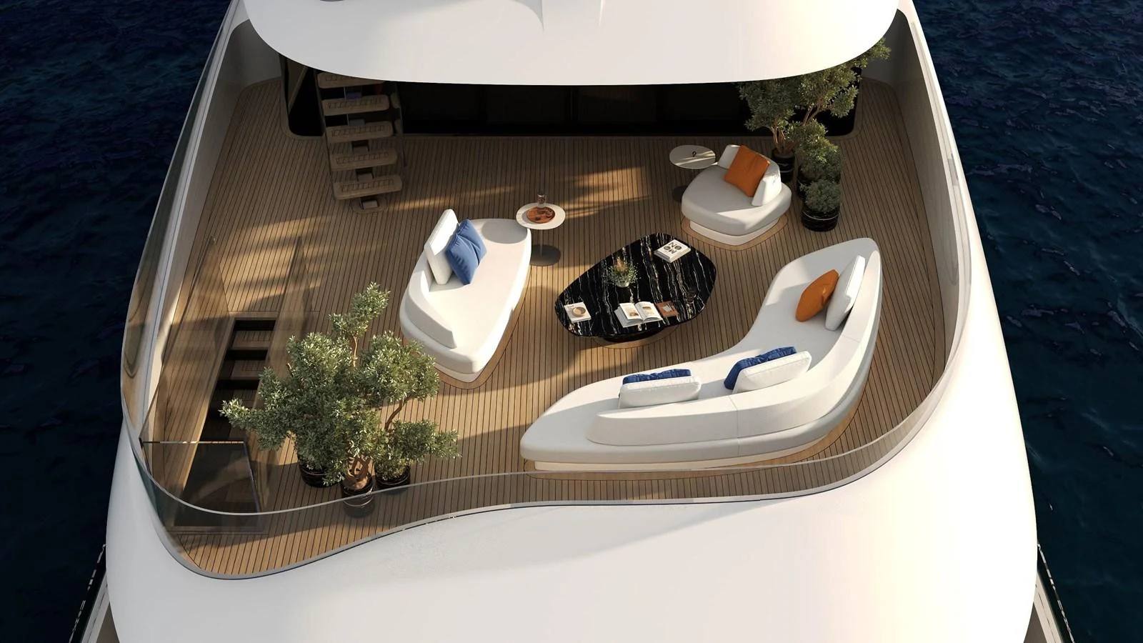 The aft deck features elegant seating arrangements with plush cushions and stylish decor, perfect for relaxation and socializing. aboard HIU Yacht for Sale