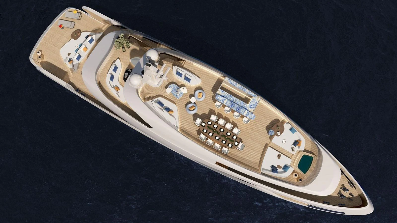 An aerial view of a luxurious yacht showcasing its expansive deck and elegant design. aboard HIU Yacht for Sale