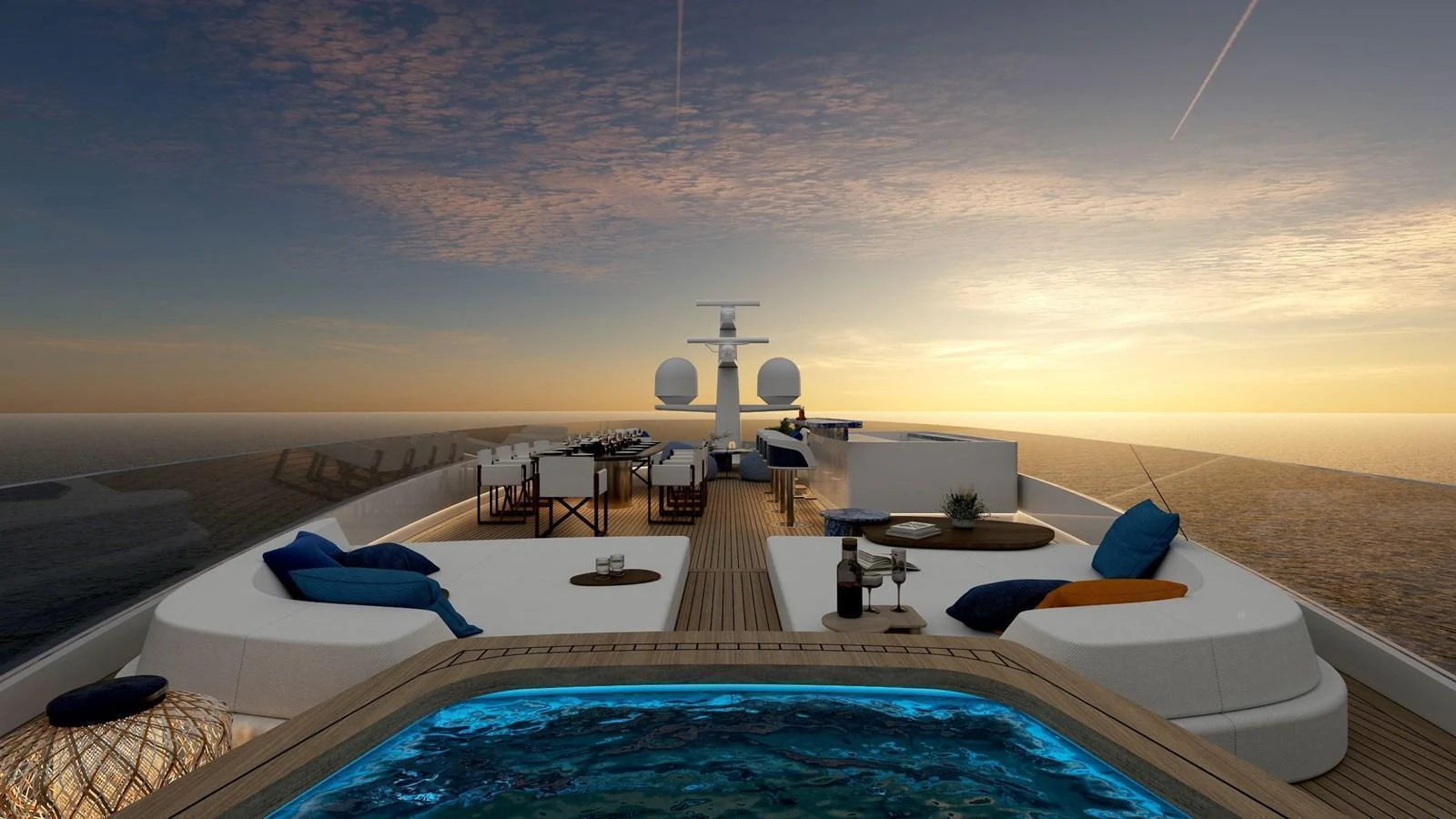The sundeck features a luxurious hot tub with stunning sunset views over the ocean. aboard HIU Yacht for Sale