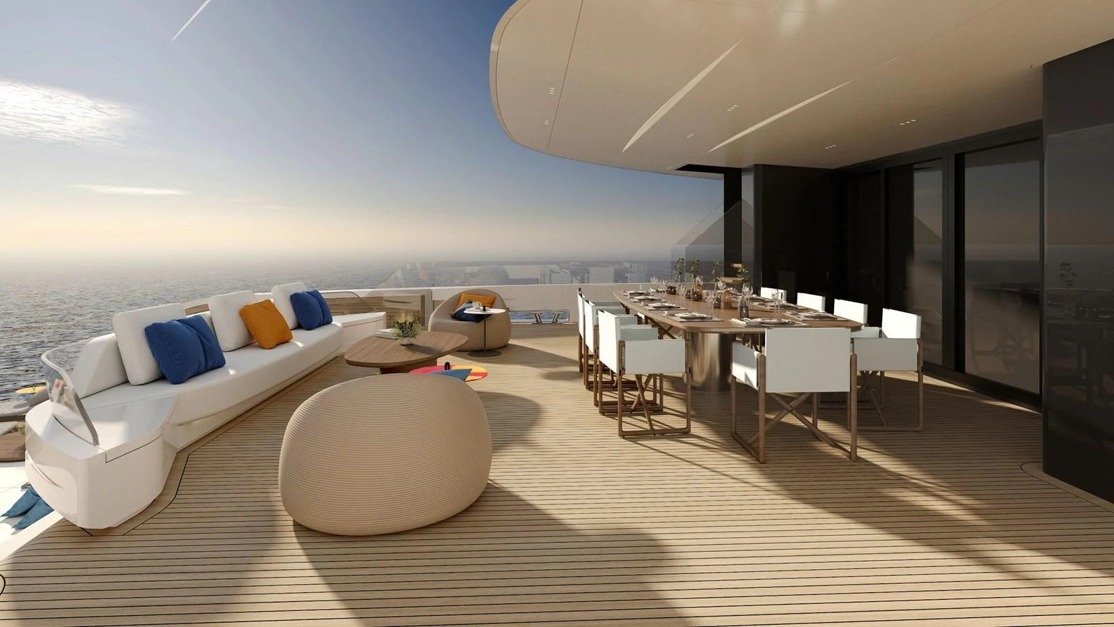 The aft deck features a spacious dining area and comfortable seating with stunning ocean views. aboard HIU Yacht for Sale