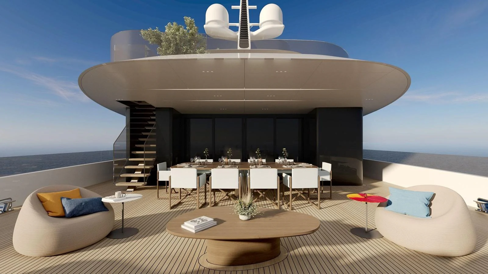The sundeck features a spacious dining area with modern furnishings and panoramic ocean views. aboard HIU Yacht for Sale