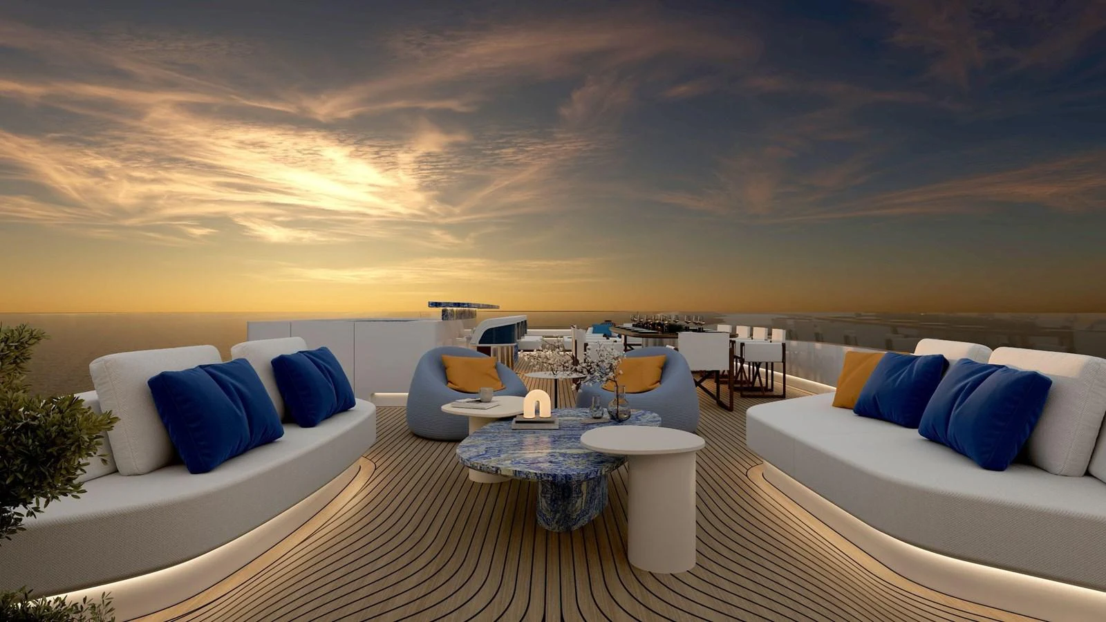 The sundeck offers a luxurious outdoor lounging area with plush seating and stunning sunset views. aboard HIU Yacht for Sale