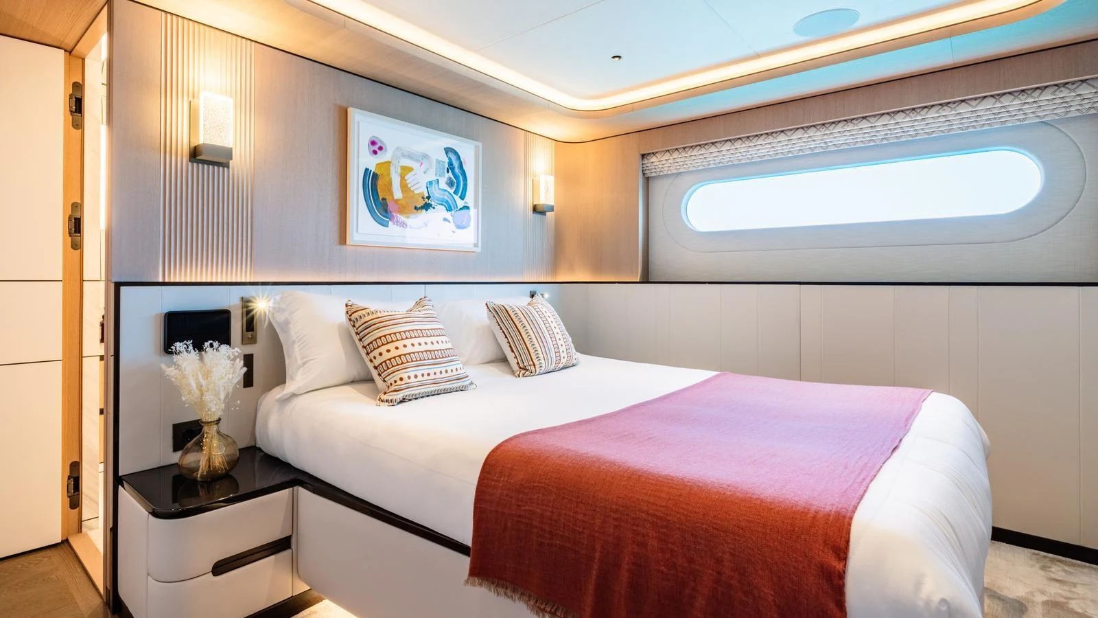The stateroom offers a serene and stylish retreat with modern decor and ample natural light. aboard MIDNIGHT SAGA Yacht for Sale
