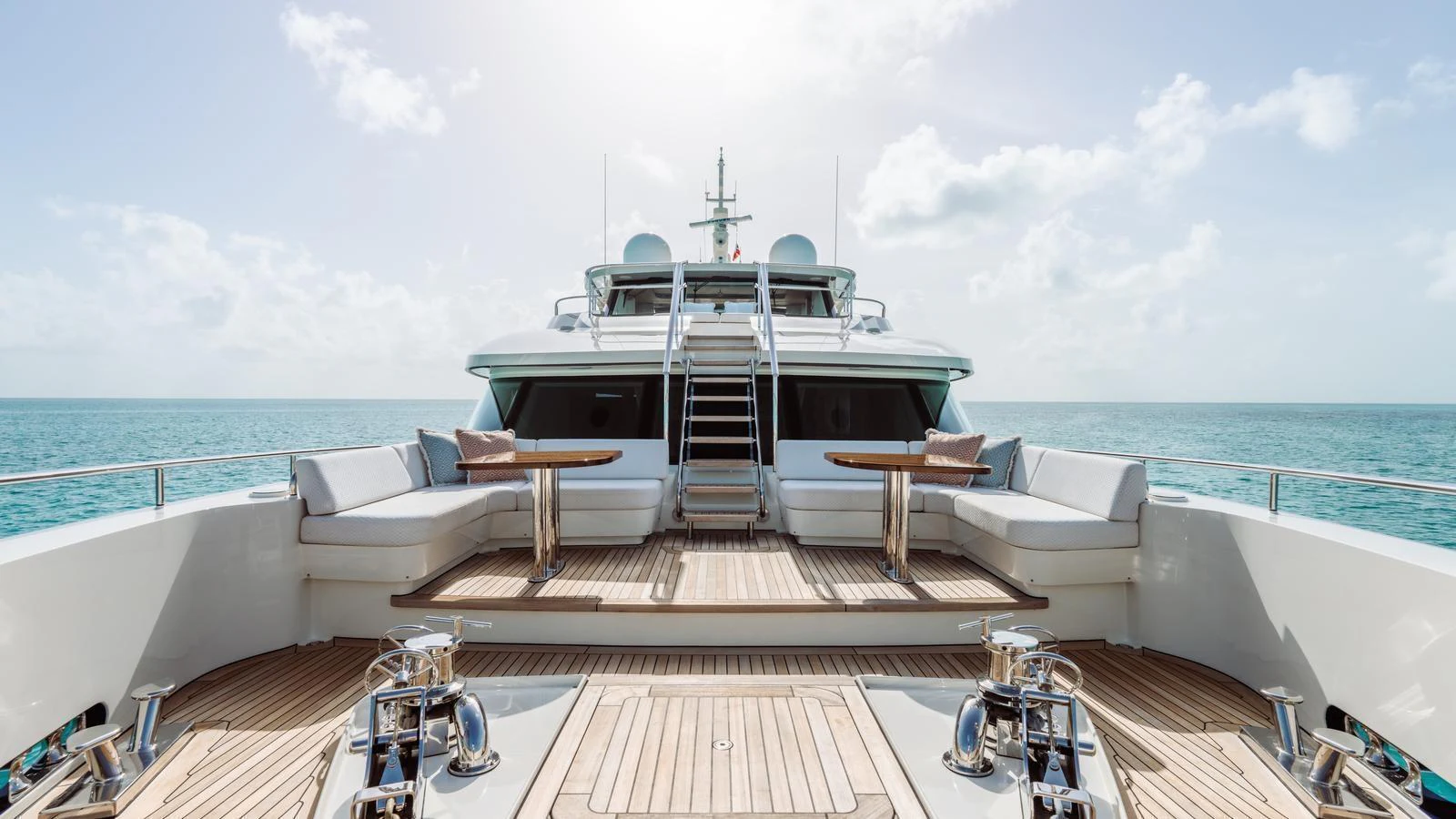 The foredeck of this yacht offers a spacious and inviting area with comfortable seating and stunning ocean views. aboard MIDNIGHT SAGA Yacht for Sale
