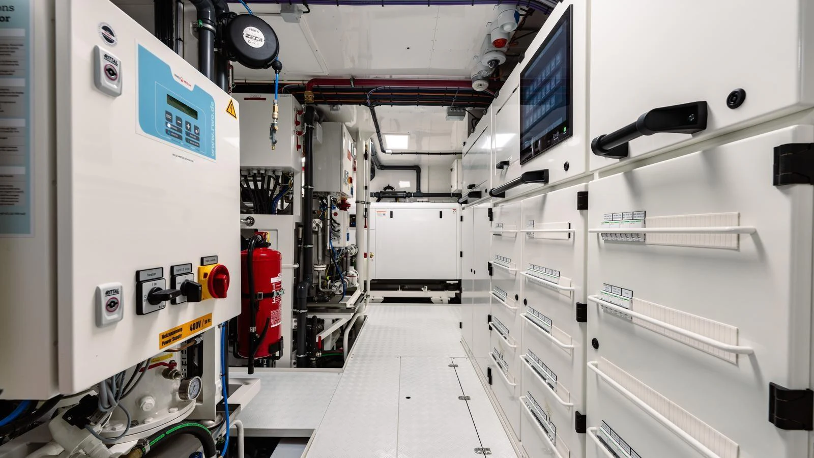 The yacht's engine room is equipped with advanced machinery and control systems, ensuring optimal performance and safety. aboard MIDNIGHT SAGA Yacht for Sale