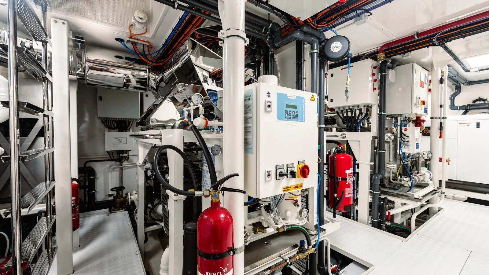 The image showcases the yacht's well-organized engine room with advanced machinery and safety equipment. aboard MIDNIGHT SAGA Yacht for Sale