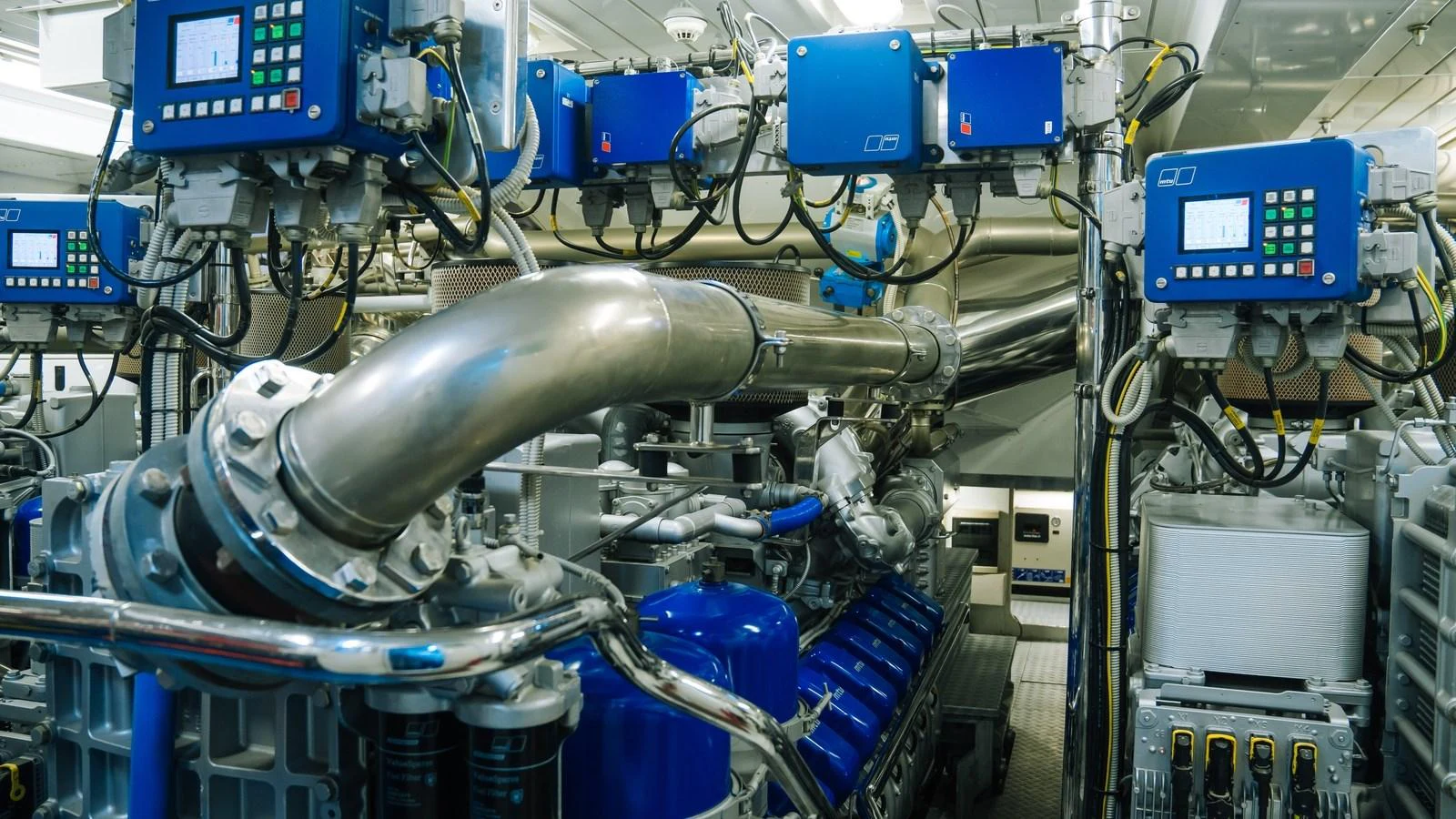 The yacht's engine room showcases advanced machinery and control systems. aboard SEA PEARL Yacht for Sale