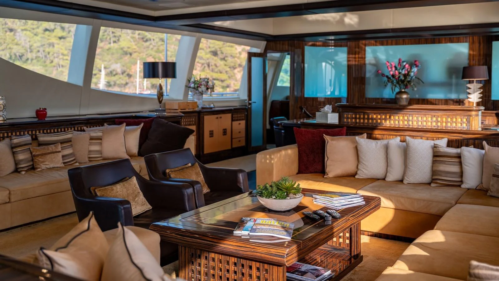 The yacht's salon offers a luxurious and spacious seating area with elegant decor and ample natural light. aboard SEA PEARL Yacht for Sale