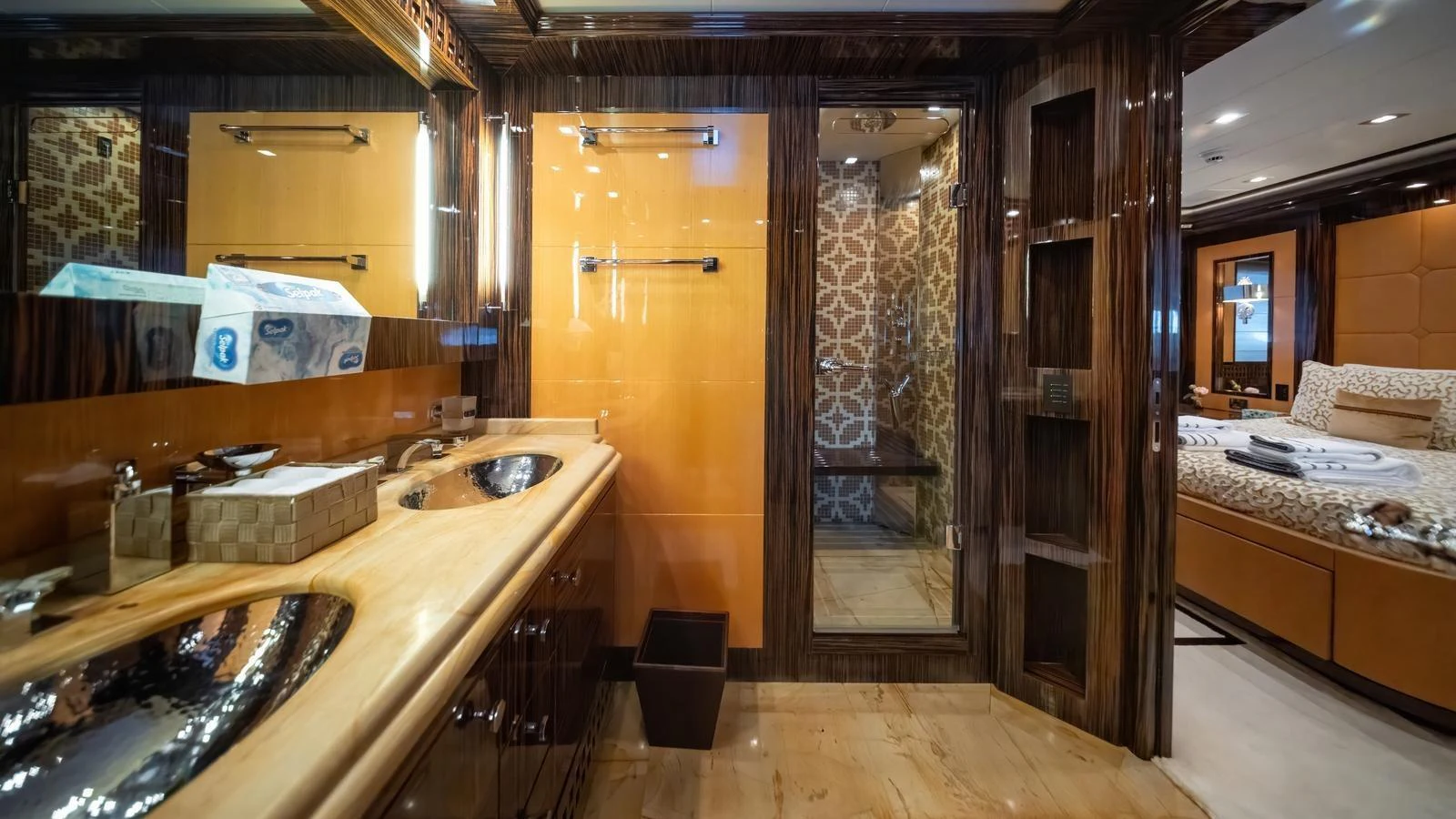 The yacht's bathroom features luxurious finishes and a spacious layout. aboard SEA PEARL Yacht for Sale