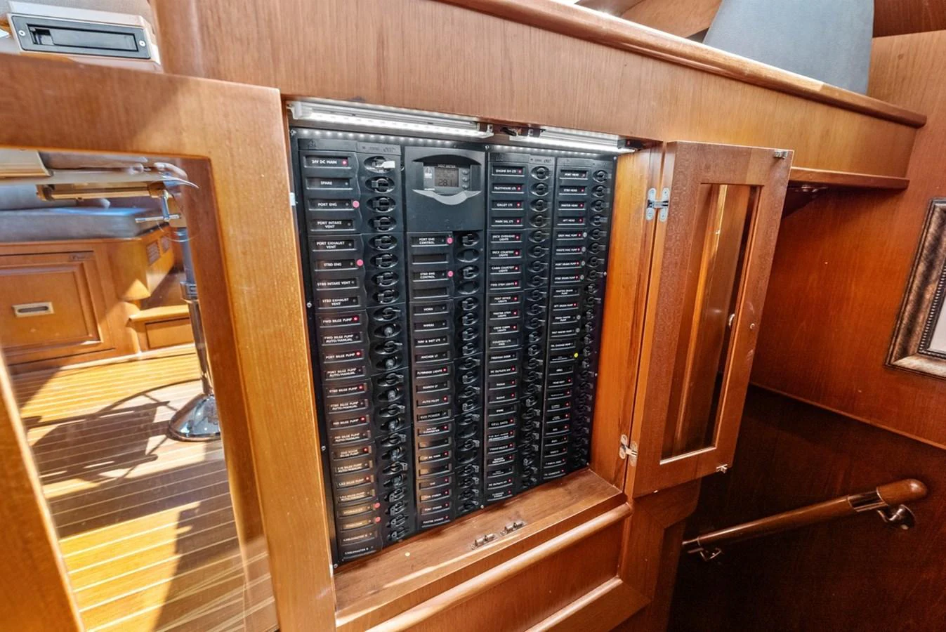 A detailed view of the yacht's electrical panel, showcasing its sophisticated system. aboard EL LEGADO Yacht for Sale