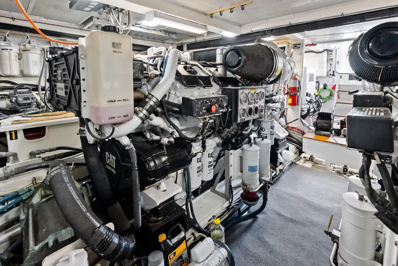 The engine room showcases powerful machinery and well-organized systems. aboard EL LEGADO Yacht for Sale