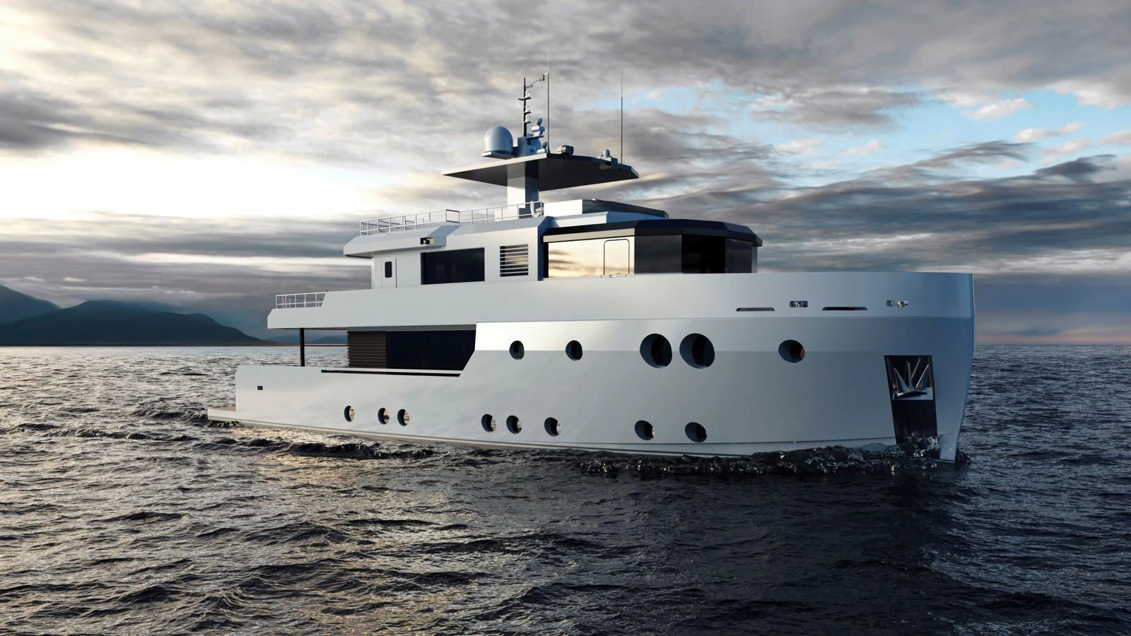 A sleek, modern yacht cruises through calm waters under a dramatic sky. aboard MAKO SHARK Yacht for Sale