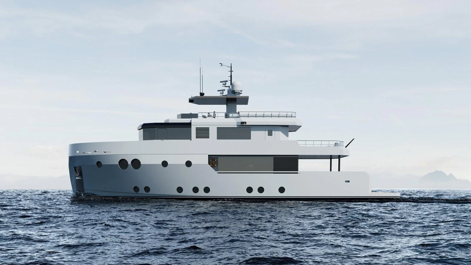A sleek and modern yacht cruising on open waters under a clear sky. aboard MAKO SHARK Yacht for Sale