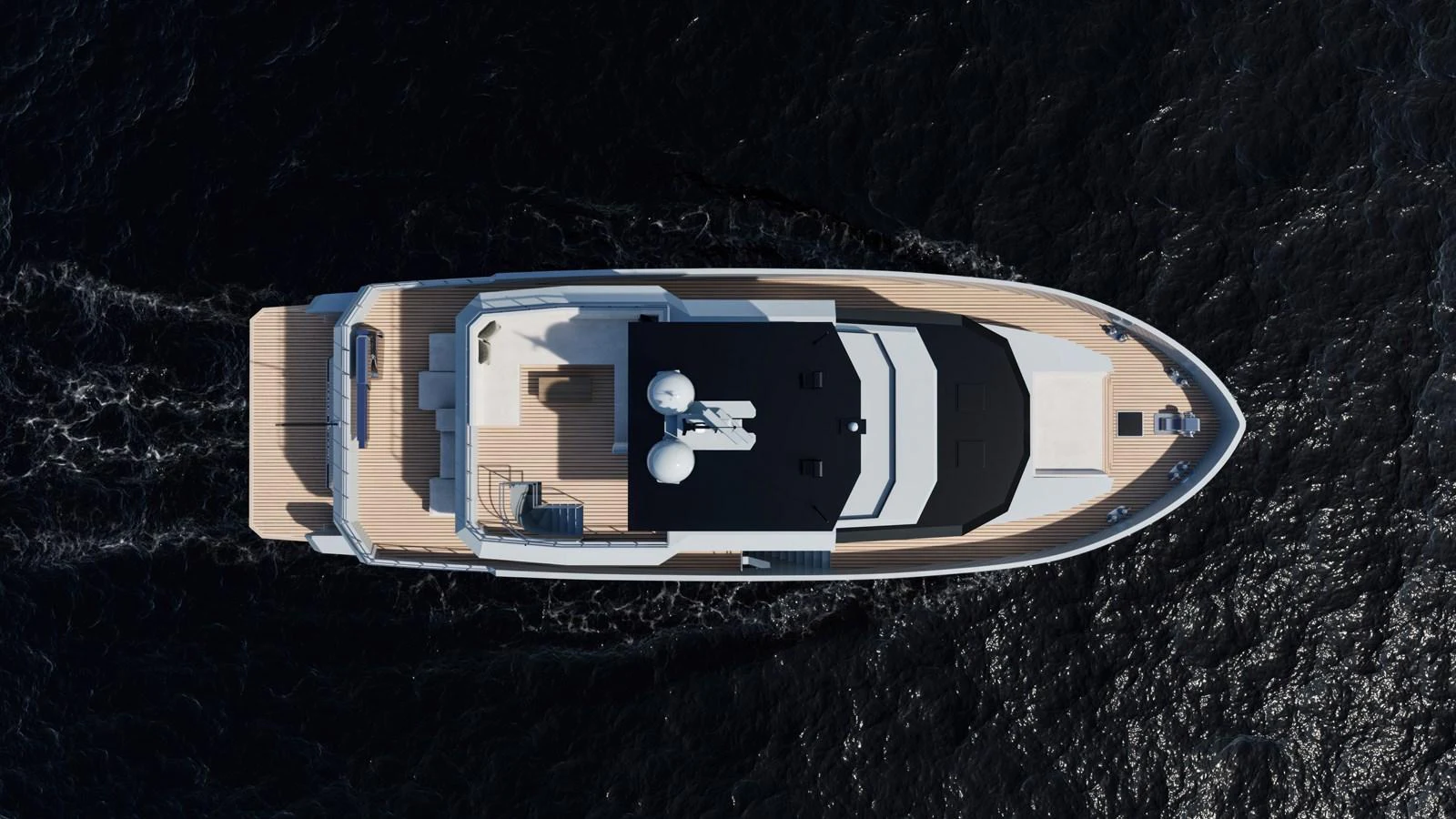 Aerial view of a sleek yacht cruising on dark waters. aboard MAKO SHARK Yacht for Sale