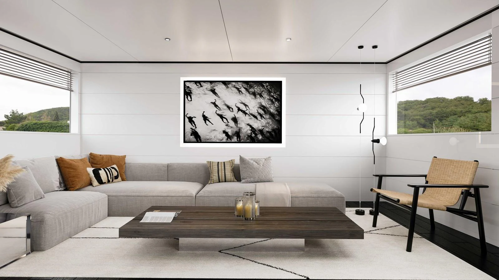 The salon features a modern and cozy seating area with a large sectional sofa and stylish decor. aboard MAKO SHARK Yacht for Sale