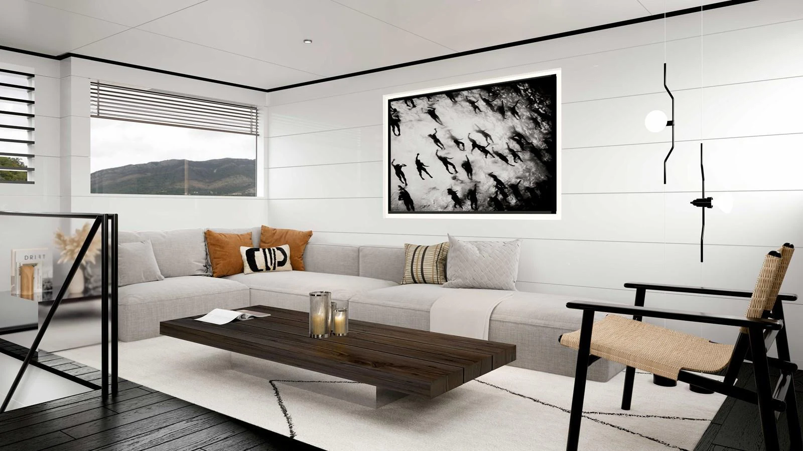 The salon features a modern and cozy seating area with stylish decor and ample natural light. aboard MAKO SHARK Yacht for Sale