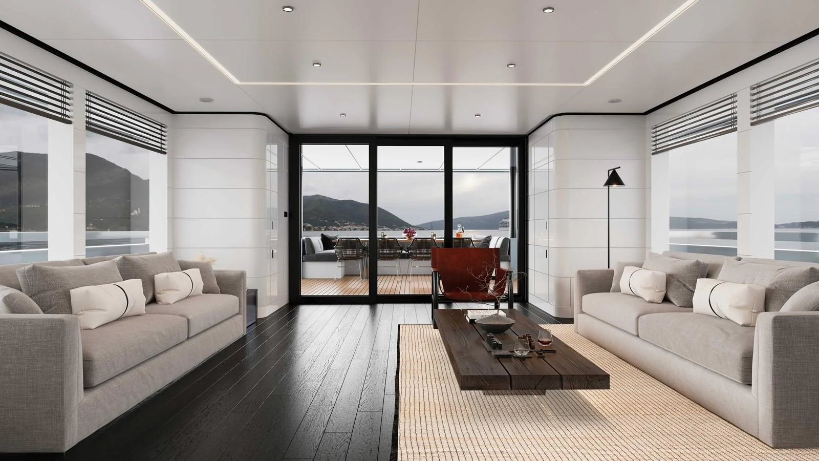 The salon features modern furnishings with large windows offering panoramic views. aboard MAKO SHARK Yacht for Sale