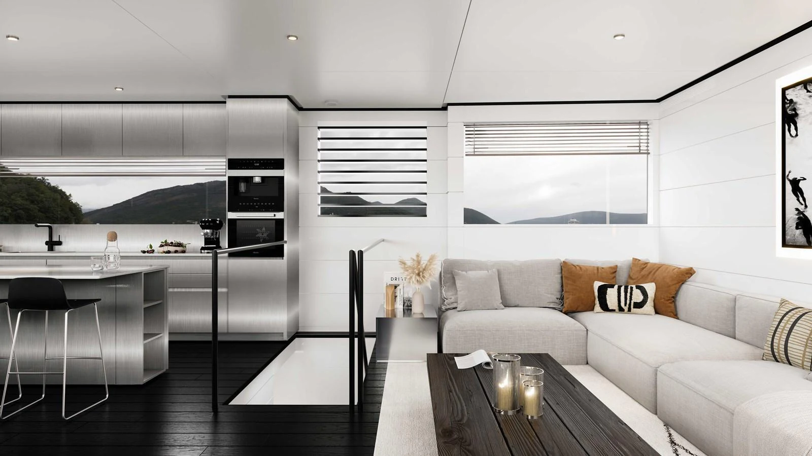 The salon features a modern, open-plan design with sleek furnishings and ample natural light. aboard MAKO SHARK Yacht for Sale