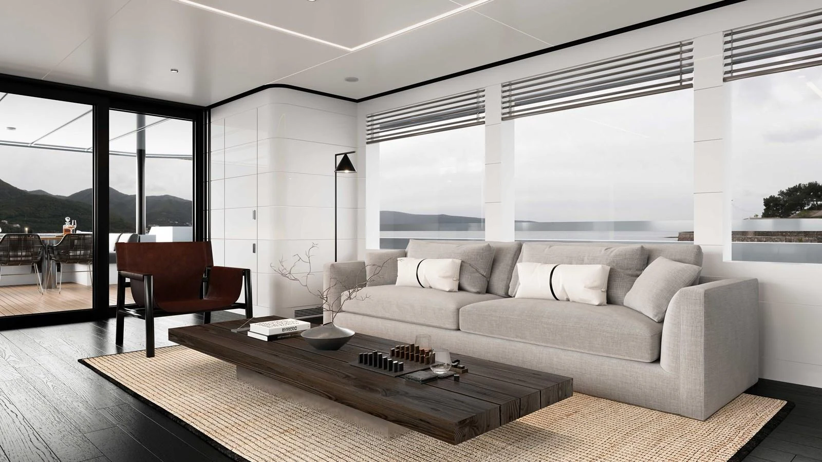 The salon features a modern and elegant design with a spacious seating area and panoramic windows. aboard MAKO SHARK Yacht for Sale