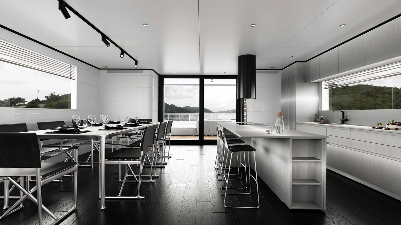 A sleek and modern galley with a dining area, featuring large windows and contemporary furnishings. aboard MAKO SHARK Yacht for Sale