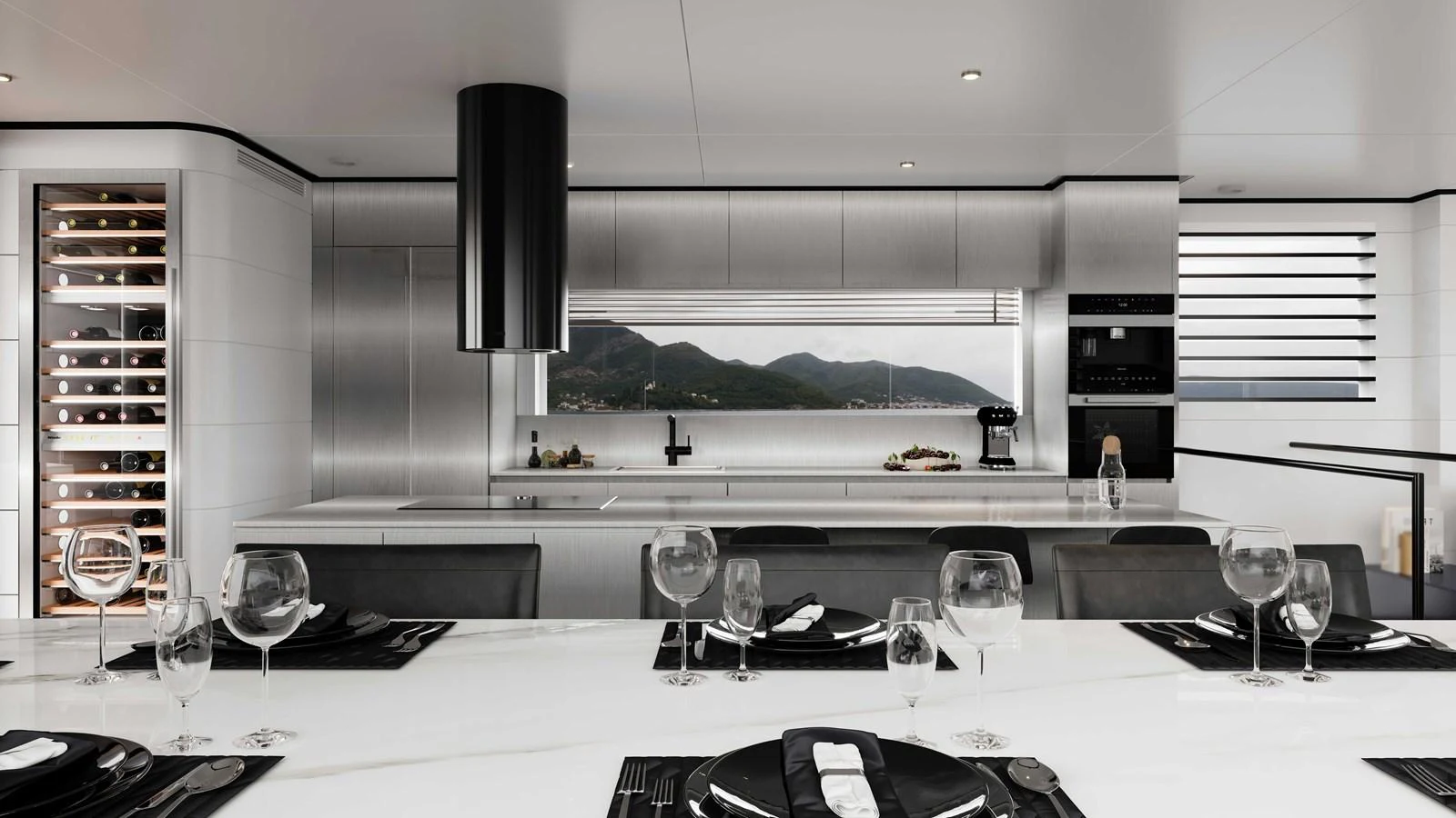 The modern galley features sleek stainless steel appliances and a spacious dining area with a stunning view. aboard MAKO SHARK Yacht for Sale