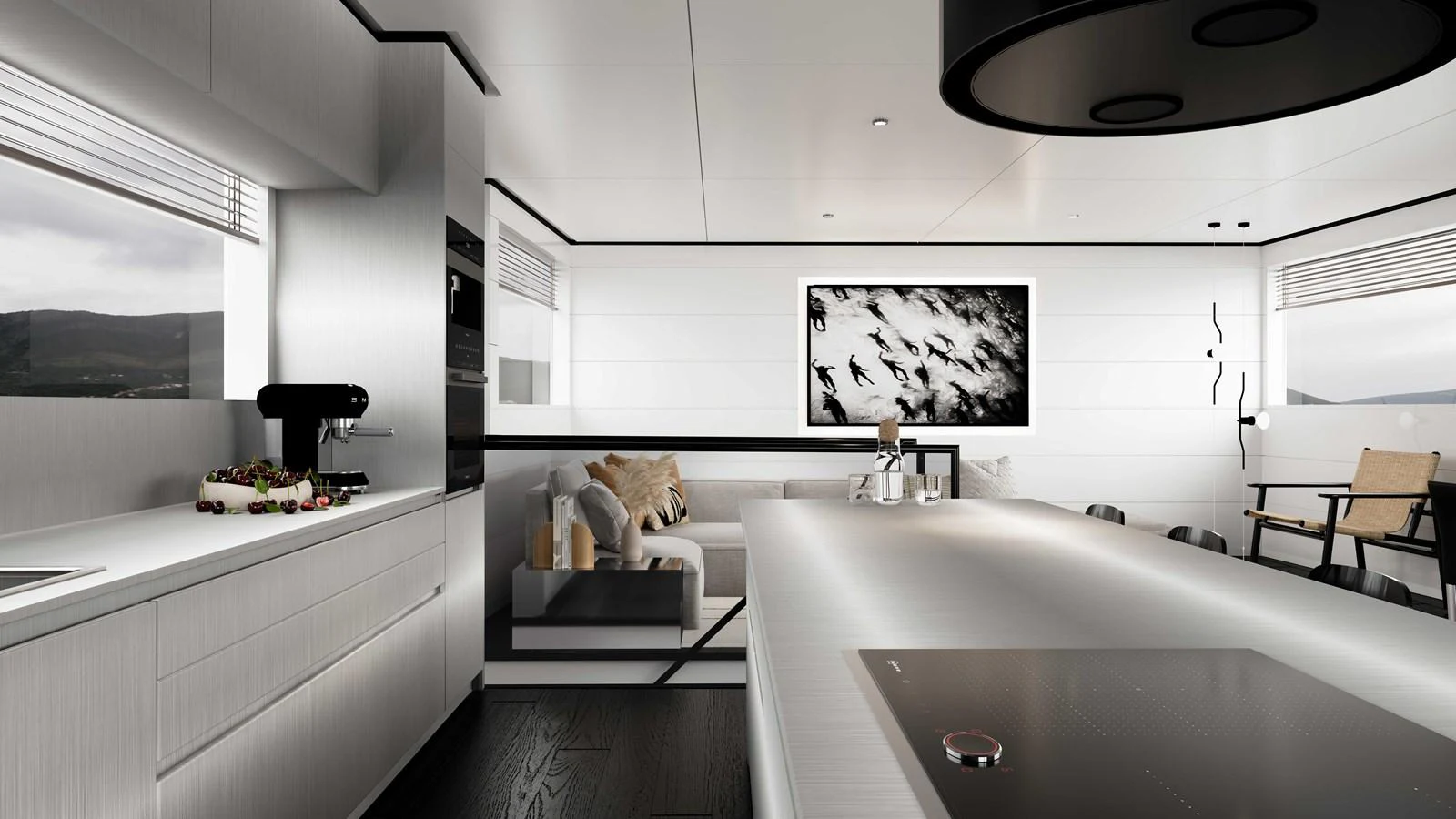 This sleek and modern galley features high-end appliances and a spacious layout, perfect for gourmet cooking and entertaining. aboard MAKO SHARK Yacht for Sale