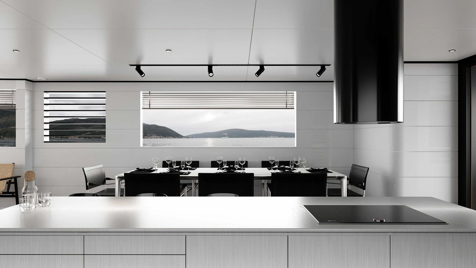 A modern galley with sleek design and a scenic view through large windows. aboard MAKO SHARK Yacht for Sale