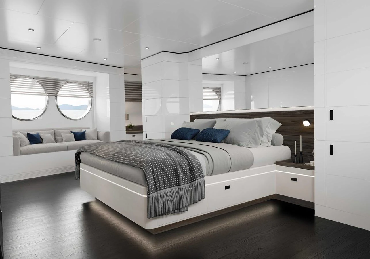 The master stateroom exudes luxury with its modern design and spacious layout. aboard MAKO SHARK Yacht for Sale