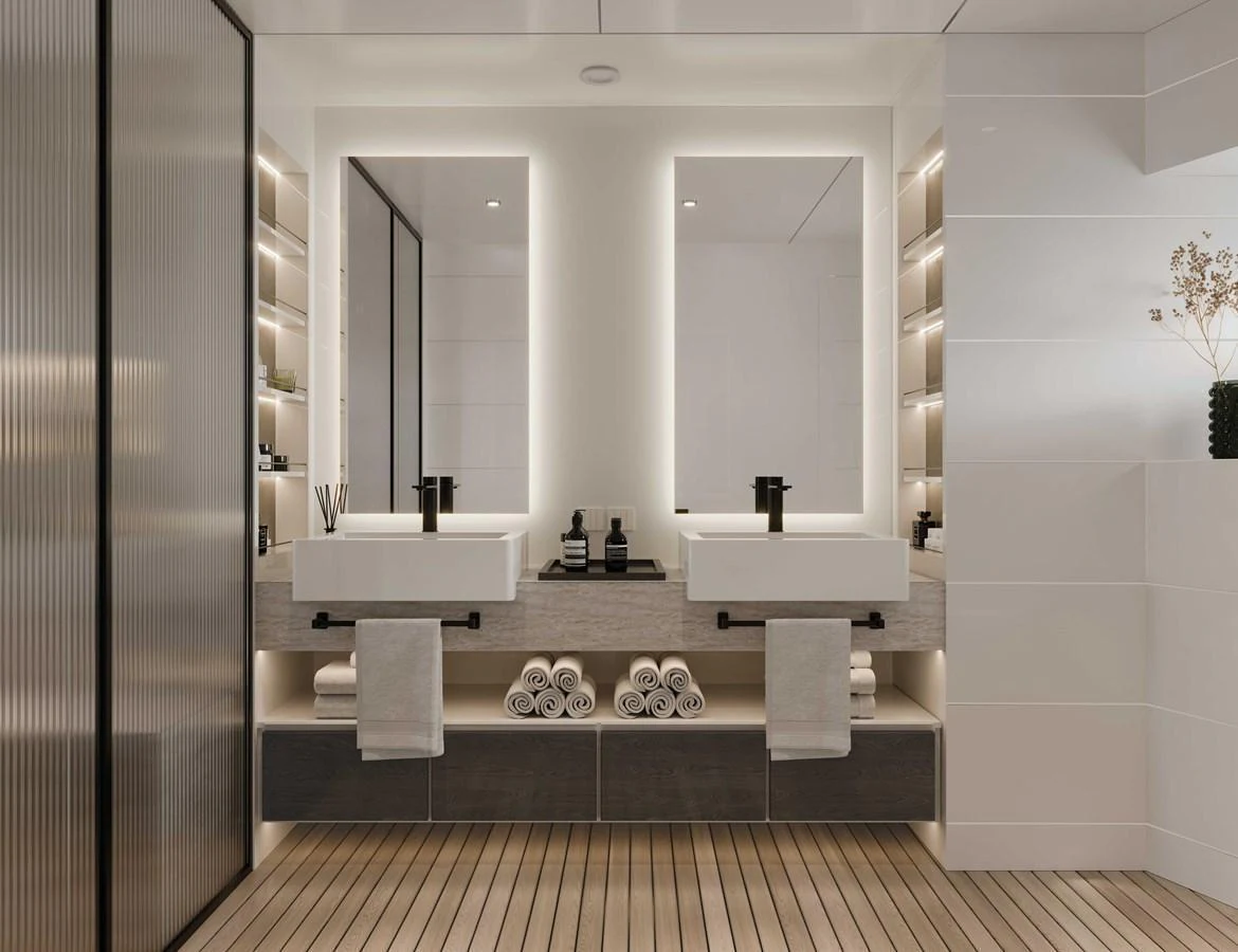 The yacht's bathroom features a modern design with dual sinks and ample storage space. aboard MAKO SHARK Yacht for Sale