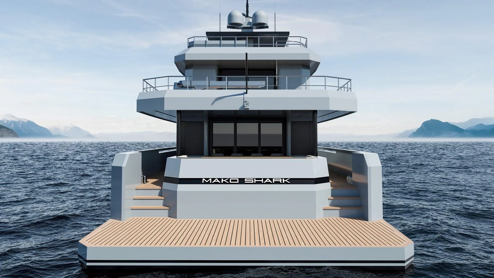 The yacht's aft deck offers a spacious and inviting area for relaxation and entertainment with stunning views of the surrounding waters. aboard MAKO SHARK Yacht for Sale