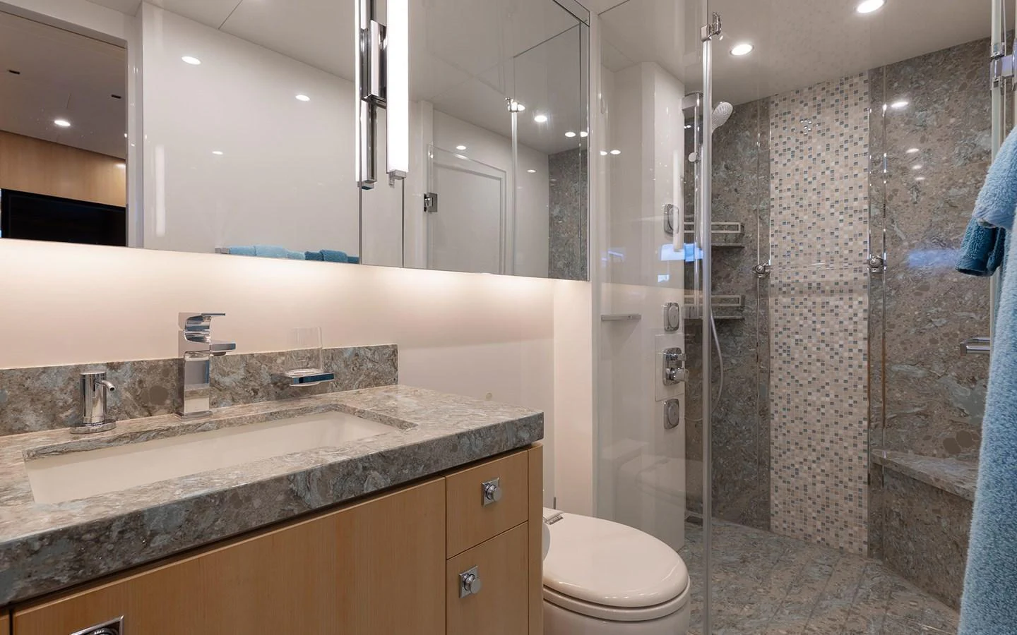 The yacht's bathroom features a spacious shower area and a sleek vanity with modern fixtures. aboard WADDLE WE DO Yacht for Sale