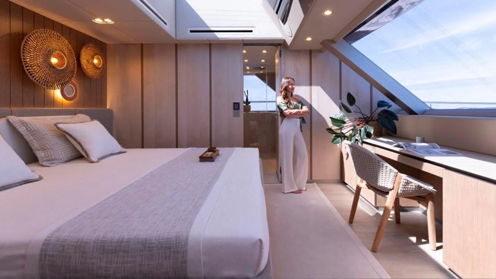 A luxurious stateroom with modern decor and ample natural light. aboard TWILIGHT Yacht for Sale