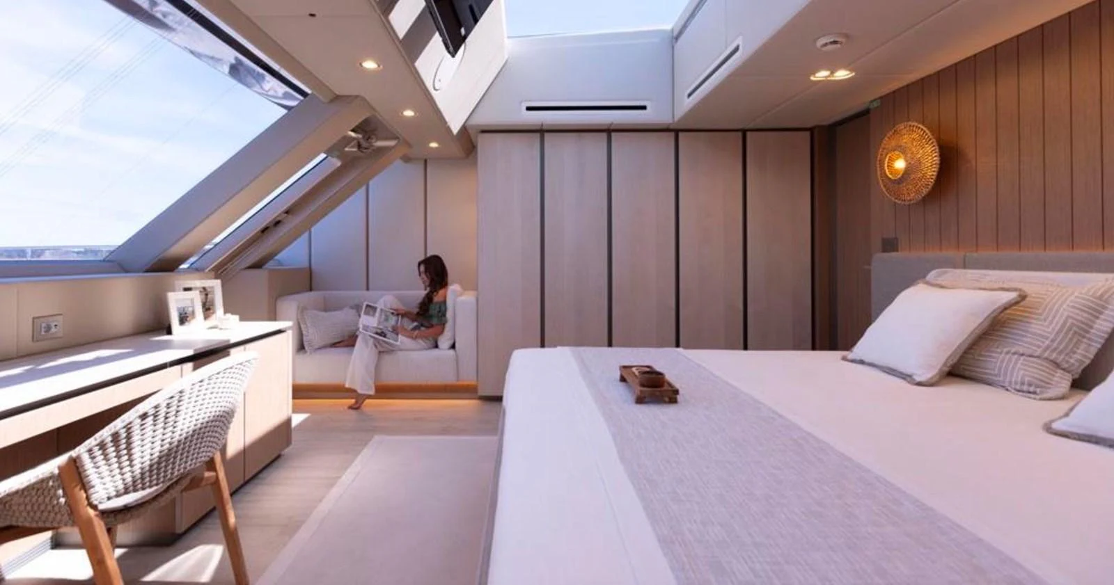 The master stateroom features a spacious layout with modern furnishings and ample natural light. aboard TWILIGHT Yacht for Sale