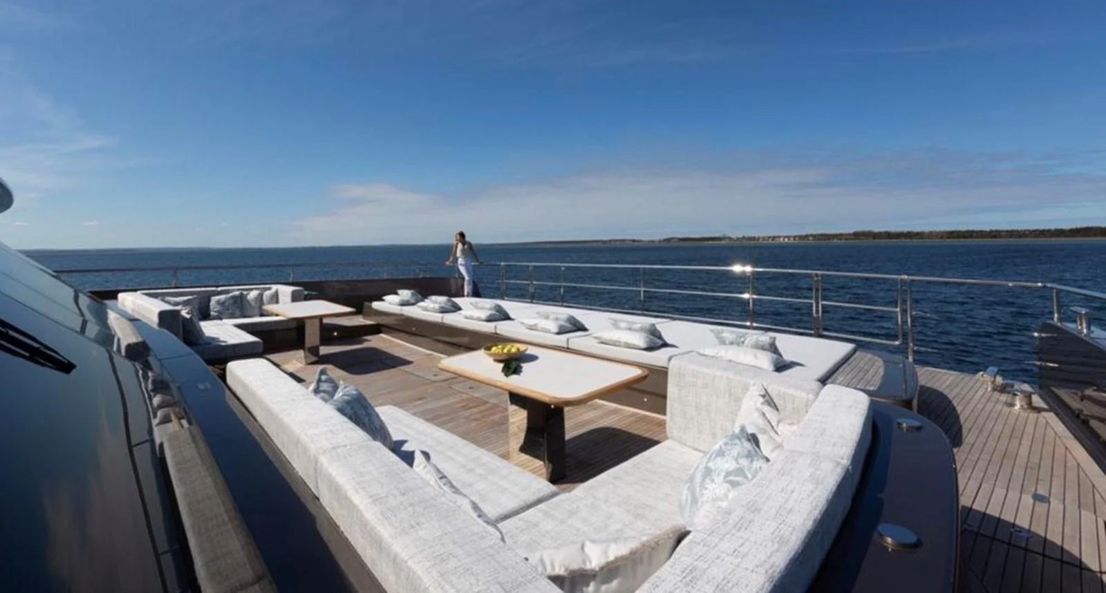 The sundeck offers ample seating with plush cushions and a stunning view of the open water. aboard TWILIGHT Yacht for Sale