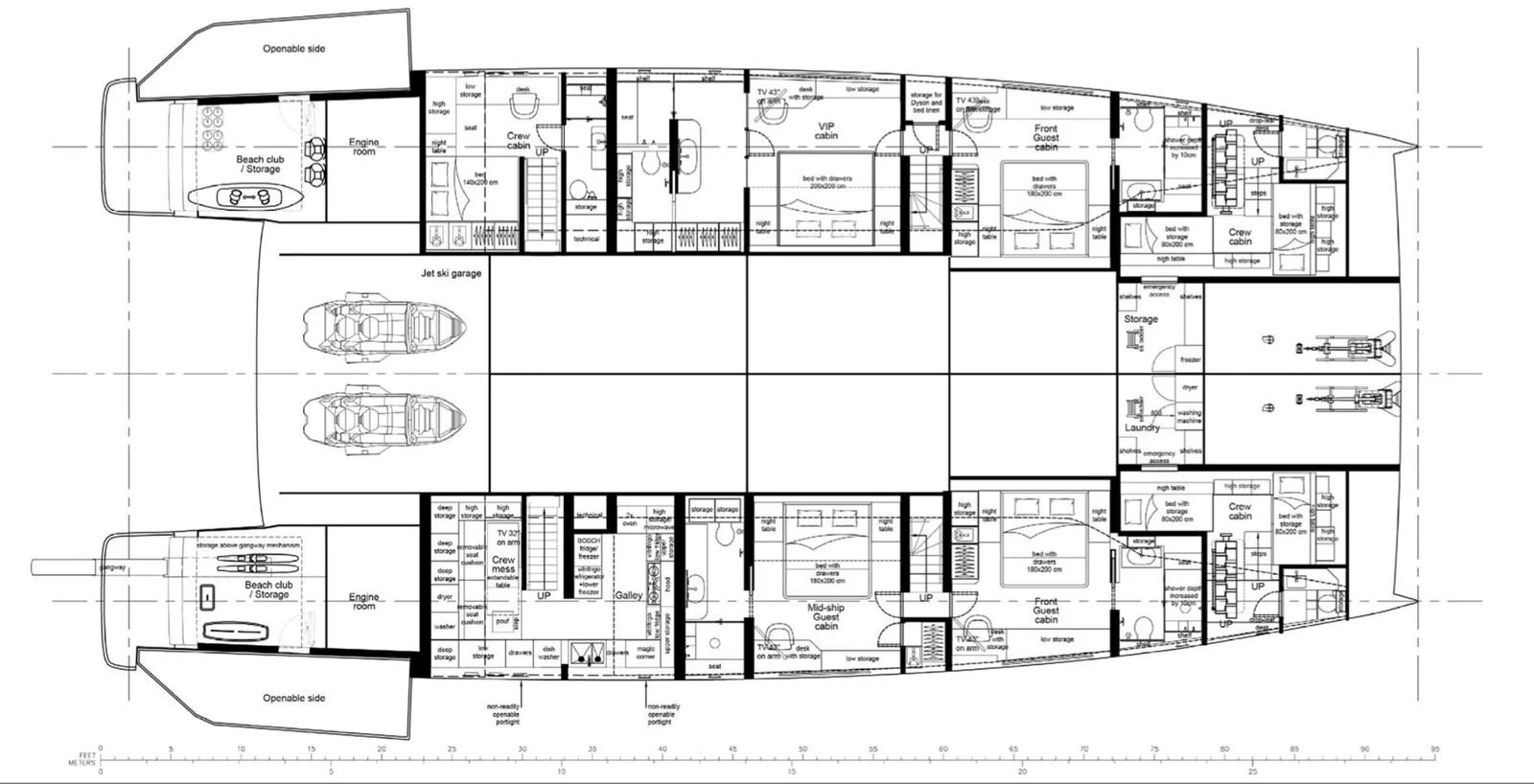 This is a detailed floor plan of a yacht, showcasing the layout of various rooms and amenities. aboard TWILIGHT Yacht for Sale
