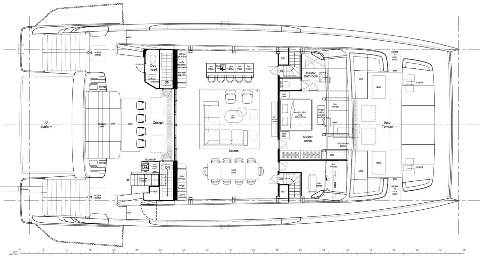A detailed floor plan of a yacht showcasing various rooms and amenities. aboard TWILIGHT Yacht for Sale