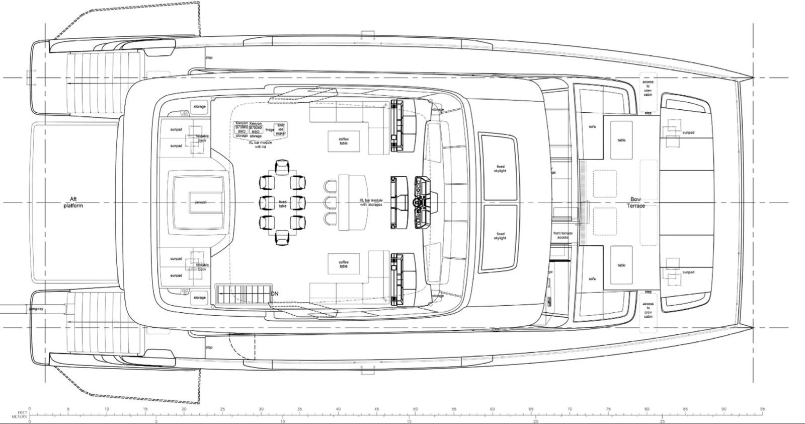This image showcases the detailed deck plan of a luxury yacht, highlighting its layout and amenities. aboard TWILIGHT Yacht for Sale