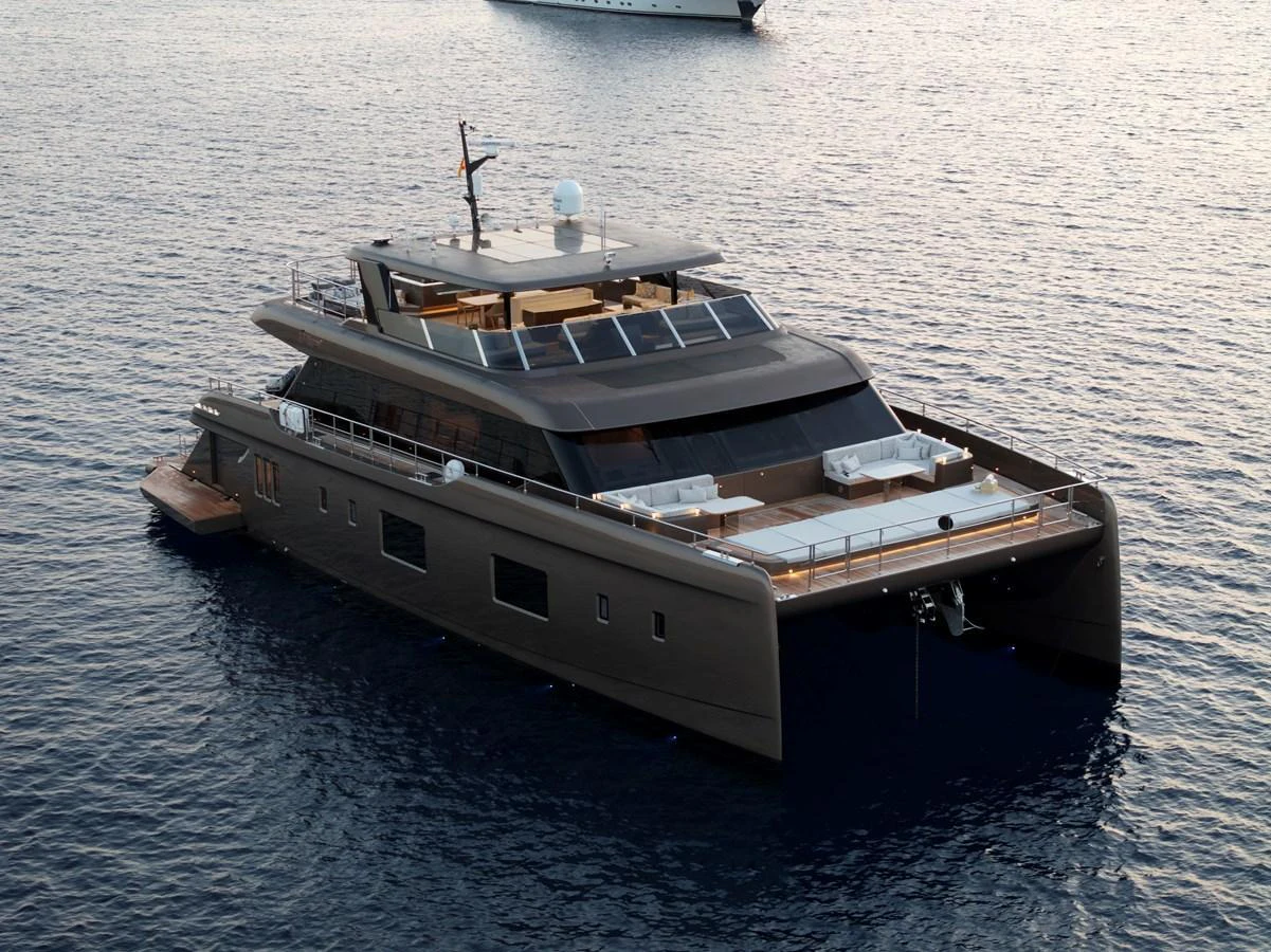 A sleek and modern yacht with spacious decks and elegant design, cruising on calm waters. aboard TWILIGHT Yacht for Sale