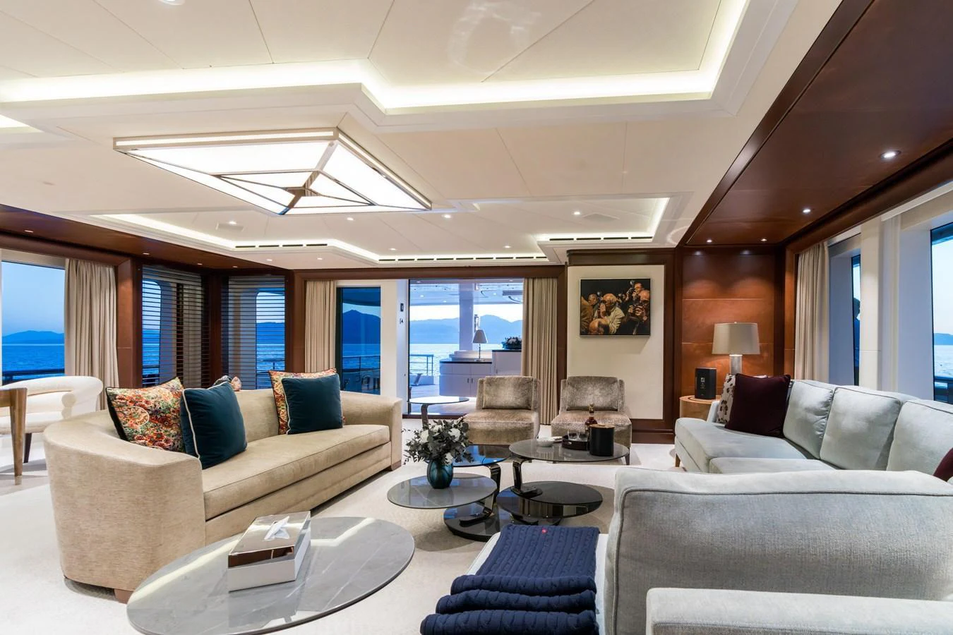 The salon offers a spacious and elegantly designed living area with panoramic views. aboard HAMPSHIRE Yacht for Sale