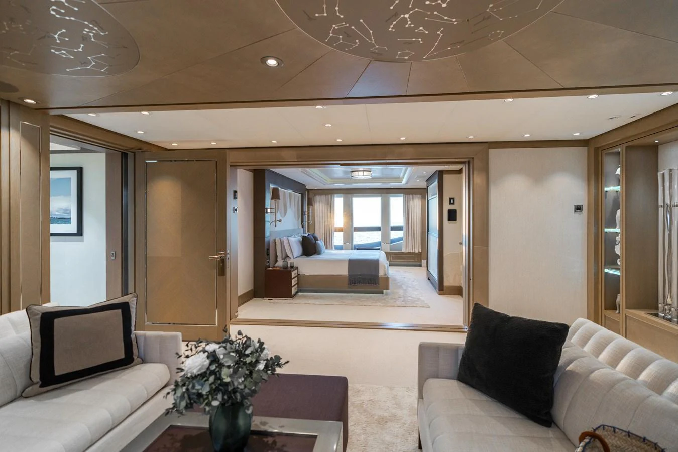 The master stateroom features elegant furnishings and a spacious layout with a serene ambiance. aboard HAMPSHIRE Yacht for Sale