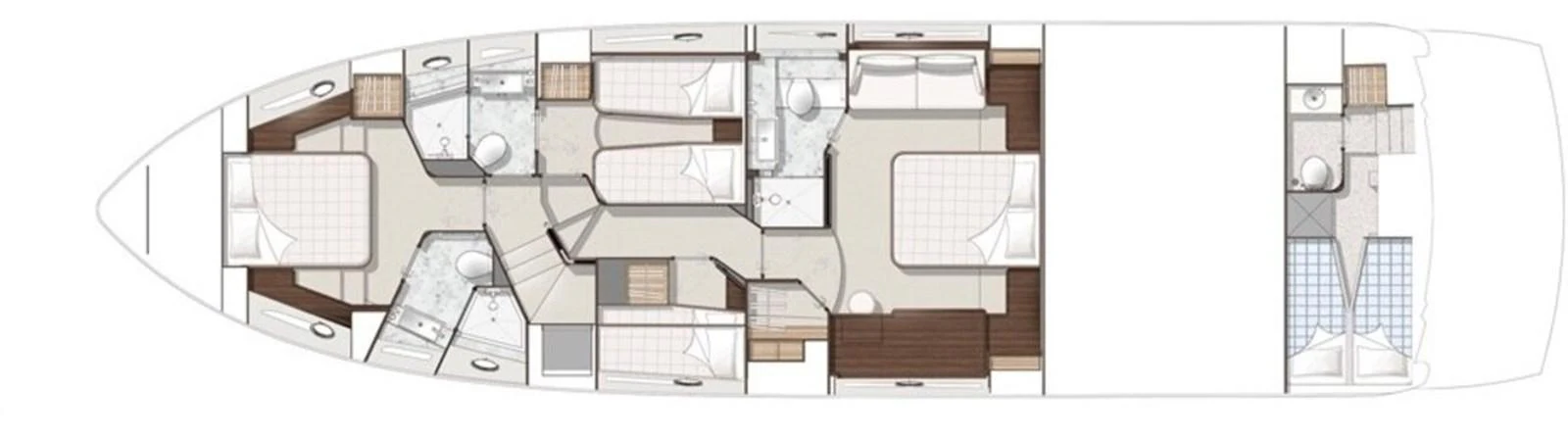 This image showcases the detailed layout plan of the yacht's interior, highlighting various cabins and amenities. aboard "CORAZON DE LEON" Yacht for Sale