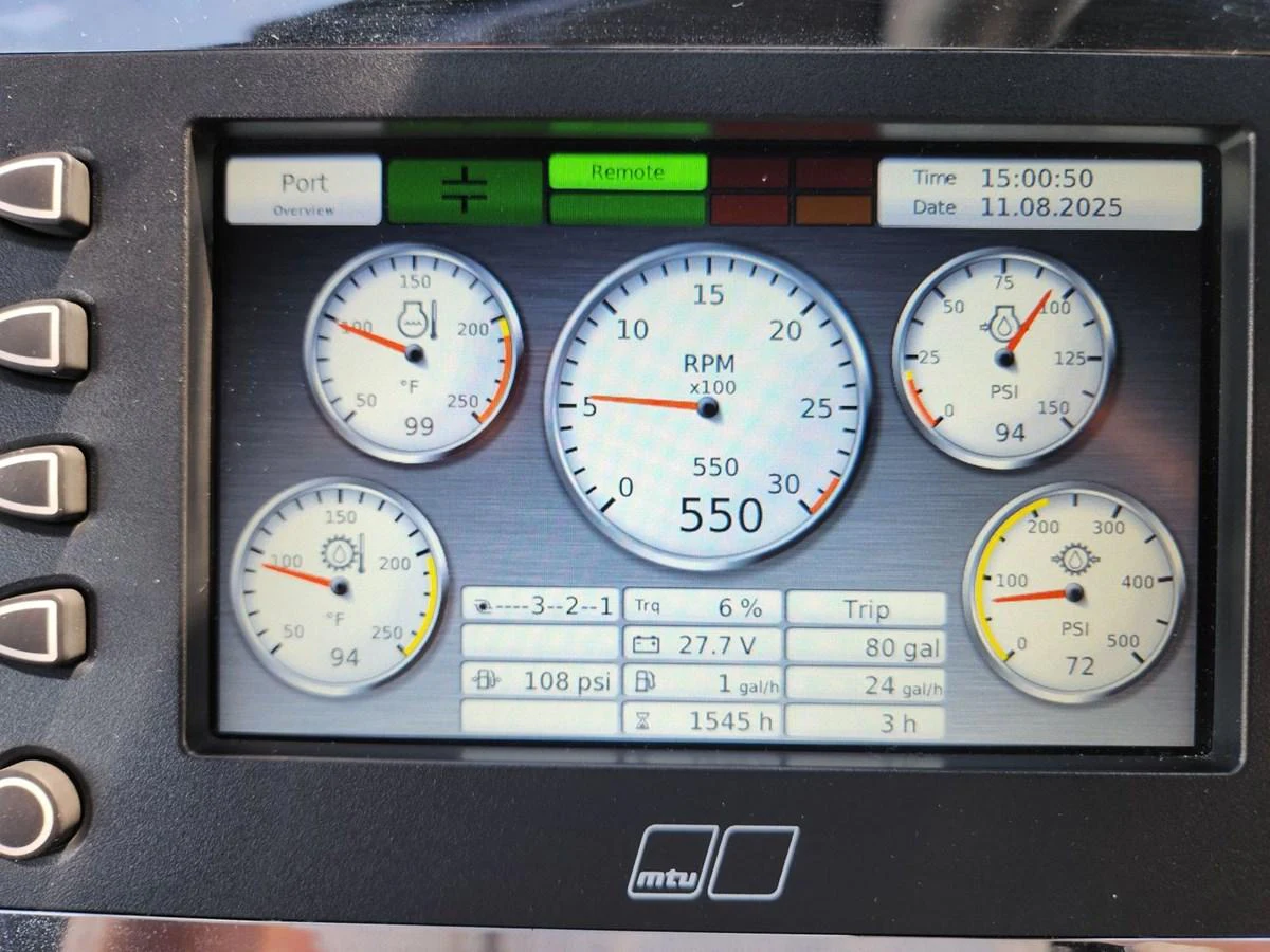 A close-up view of the yacht's engine monitoring system displaying various gauges and readings. aboard 95 FT 2018 SUNSEEKER 95 YACHT, MIRRACLE Yacht for Sale