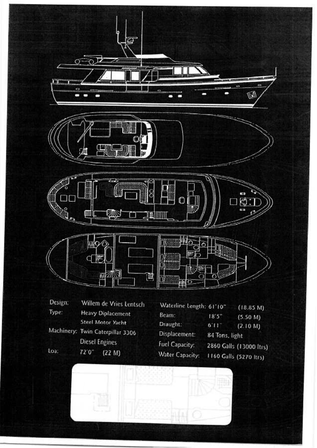 A detailed blueprint of a yacht showcasing its design and specifications. aboard REX AQUILA Yacht for Sale
