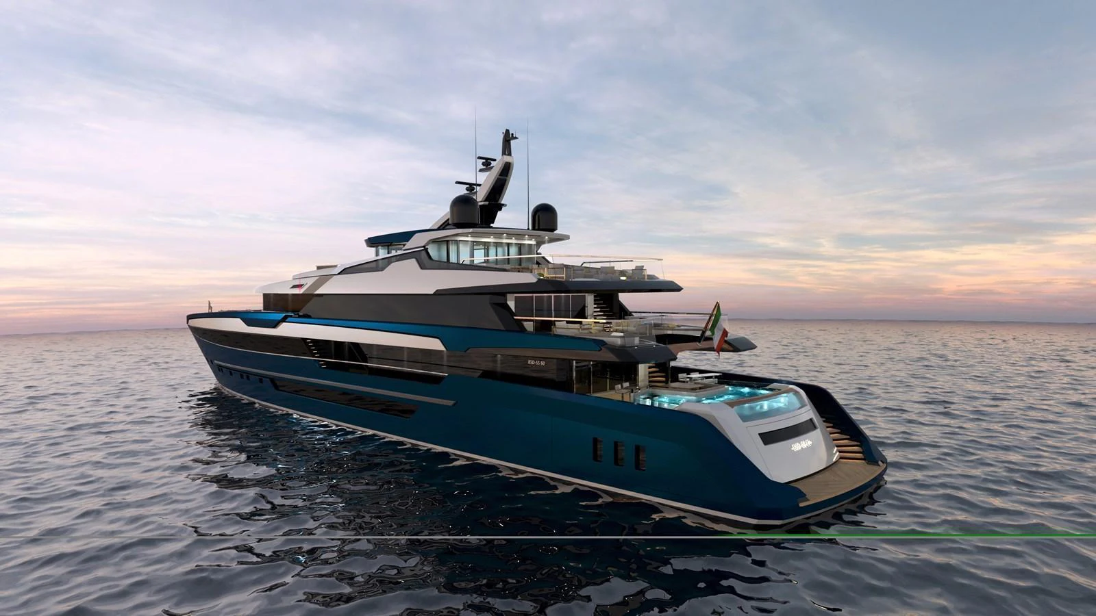 A sleek and modern yacht with multiple decks and luxurious amenities, cruising on calm waters at sunset. aboard BWA 60 Yacht for Sale